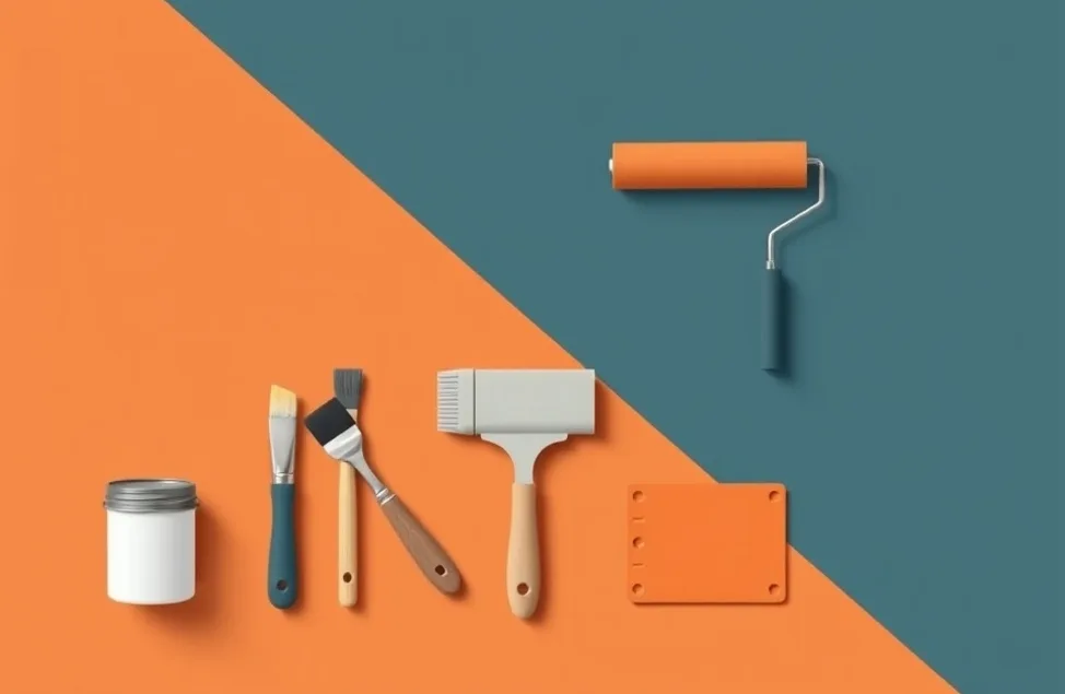 Outils de peinture disposés dans l'ordre des étapes du chantier