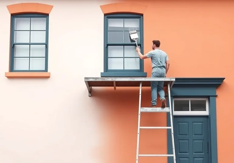 Peintre sur échafaudage traitant la façade d'une maison