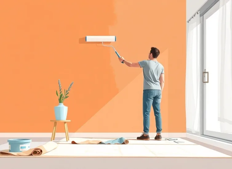 Peintre appliquant la peinture au rouleau sur un mur de salon